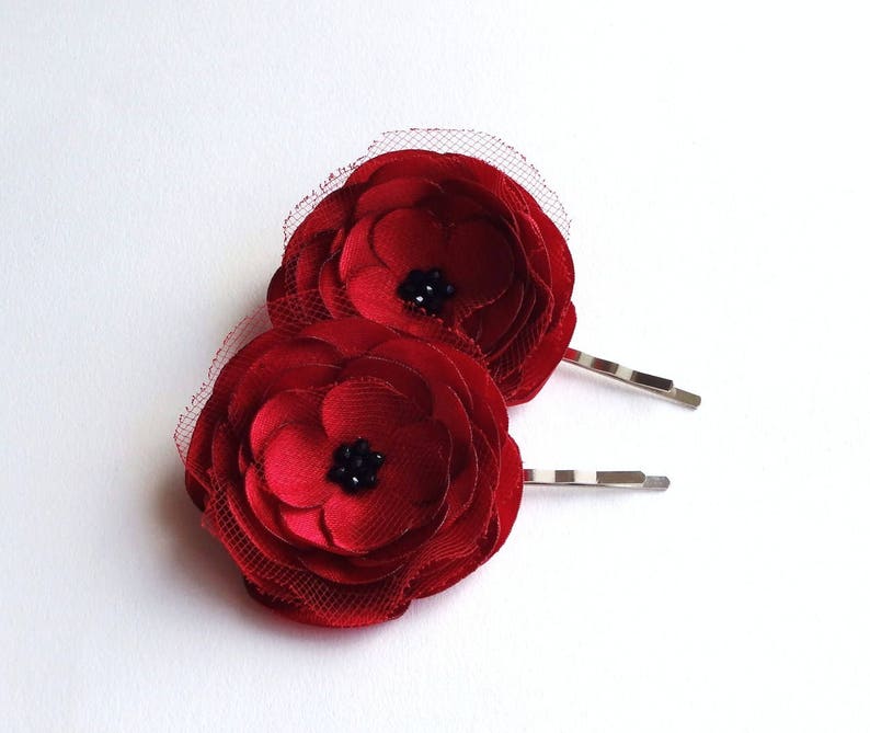 2 Red Rose Satin Handmade Hair Pins, Shoe Clips, Baby Snap Clips image 2