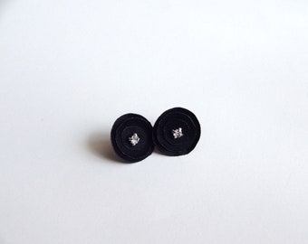 Black Satin Stud Earrings, Tiny Black Fabric Earrings,