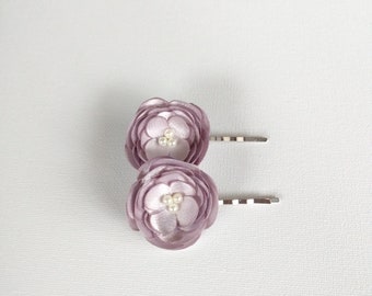 2 Frosted Lavender Purple Rose Satin Handmade Hair Pins, Shoe Clips, Baby Snap Clips