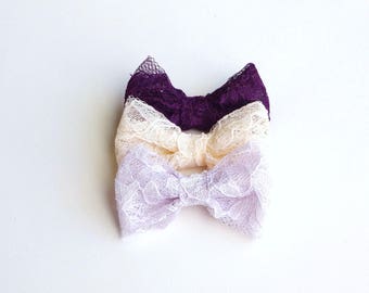 Set of 3 Lavender, Plum Purple and Cream Lace Bow Baby Snap Hair Clips/ Hair Clips / Hair Pins