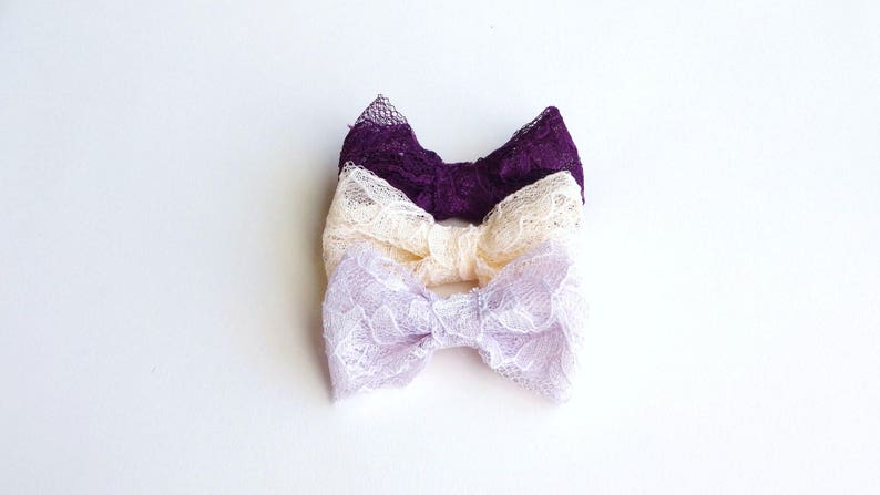 Set of 3 Lavender, Plum Purple and Cream Lace Bow Baby Snap Hair Clips/ Hair Clips / Hair Pins image 1