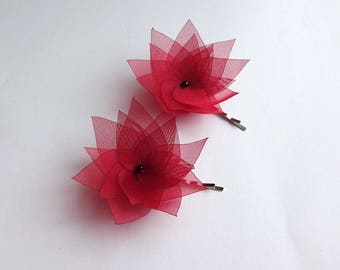 2 Red Lotus Organza Flowers Hair Pins, Shoe Clips, Baby Snap Clips