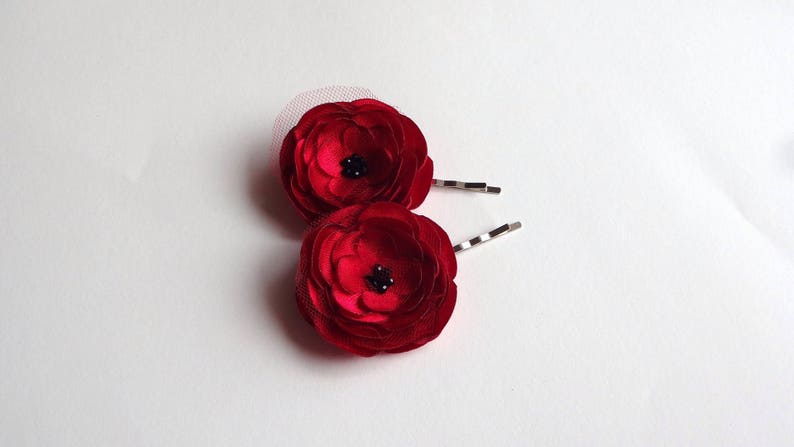 2 Red Rose Satin Handmade Hair Pins, Shoe Clips, Baby Snap Clips image 5