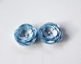 2 Handmade Light Blue Satin Fabric Flowers Hair Pins, Shoe Clips, Baby Snap Clips