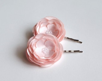 2 Blush Pink Rose Satin Handmade Hair Pins, Shoe Clips, Baby Snap Clips