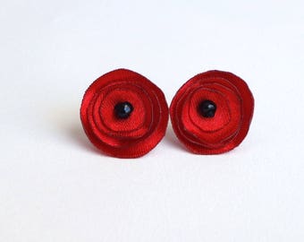 Red Satin Stud Earrings, Tiny Fabric Earrings,