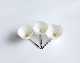 3 Ivory Bridal Handmade Fabric Flowers with Crystals Hair Pins