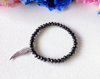 Handmade Crystal Black Bracelet with Wing Charm, Woman Bracelet, Girl Bracelet