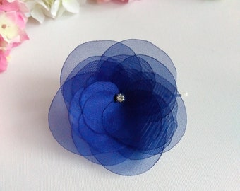 Large Cobalt Blue Organza Fabric Flower Hair Pin