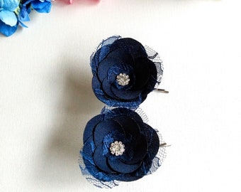 Navy Blue Fabric Flowers with Lace Hair Pins or Shoe Clips