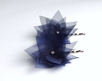 2 Navy Blue Lotus Organza Hair Pins, Shoe Clips, Baby Snap Clips, Hair Clips