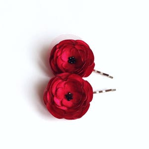 2 Red Rose Satin Handmade Hair Pins, Shoe Clips, Baby Snap Clips image 3