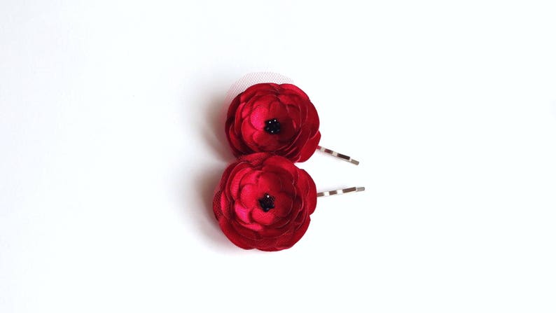 2 Red Rose Satin Handmade Hair Pins, Shoe Clips, Baby Snap Clips image 3