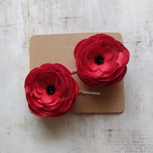 2 Red Rose Satin Handmade Hair Pins, Shoe Clips, Baby Snap Clips image 9