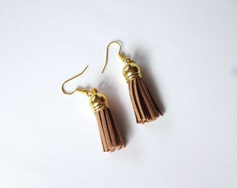 Chocolate Milk Brown Suede Tassel Earrings, Dangle Earrings