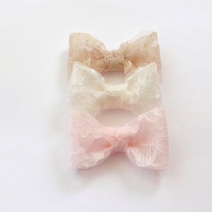 Set of 3 Pink, Ivory and Champagne Lace Bow Baby Snap Hair Clips/ Hair Clips / Hair Pins image 2