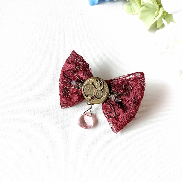 Steampunk Dark Red Lace Bow Hair Clip, Brooch Pin