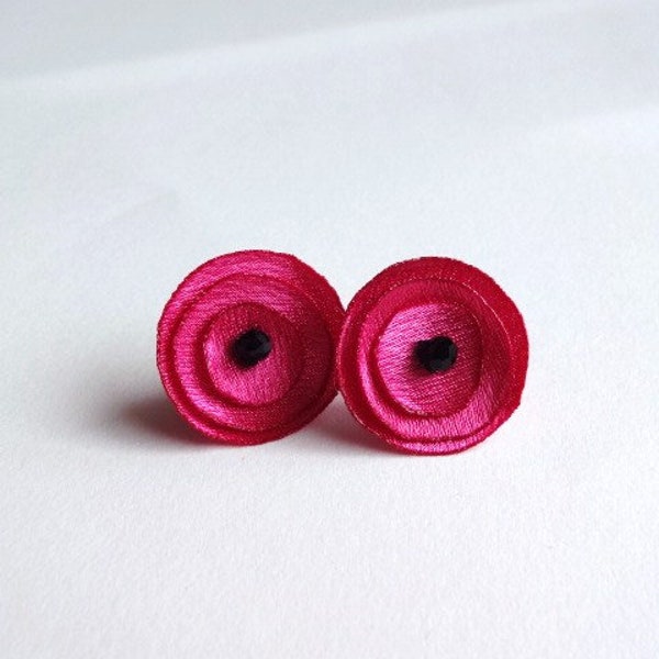 Hot Pink Satin Stud Earrings, Tiny Fushia Pink Fabric Earrings,