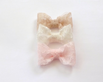 Set of 3 Pink, Ivory and Champagne Lace Bow Baby Snap Hair Clips/ Hair Clips / Hair Pins