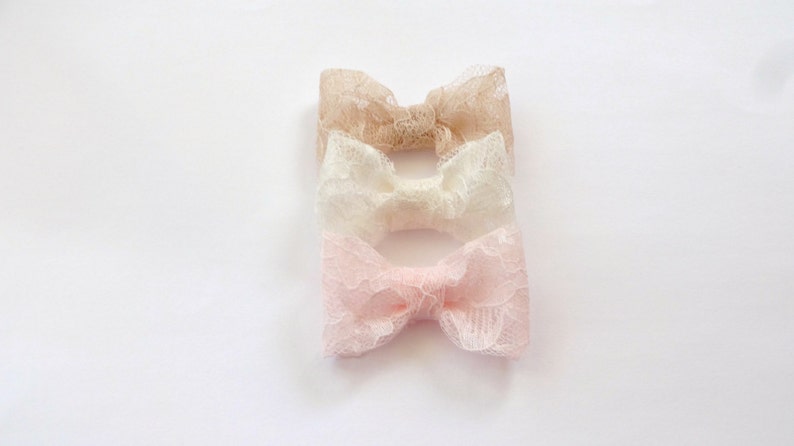 Set of 3 Pink, Ivory and Champagne Lace Bow Baby Snap Hair Clips/ Hair Clips / Hair Pins image 1
