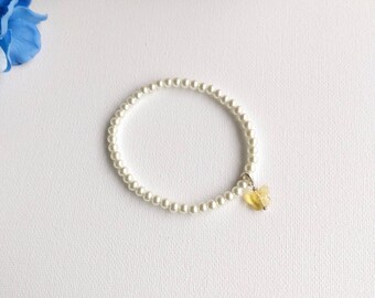 SALE Handmade Ivory Pearl Stretch Bracelet with Yellow or Red Butterfly, Woman Bracelet, Girl Bracelet