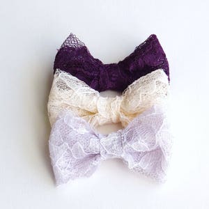 Set of 3 Lavender, Plum Purple and Cream Lace Bow Baby Snap Hair Clips/ Hair Clips / Hair Pins image 3