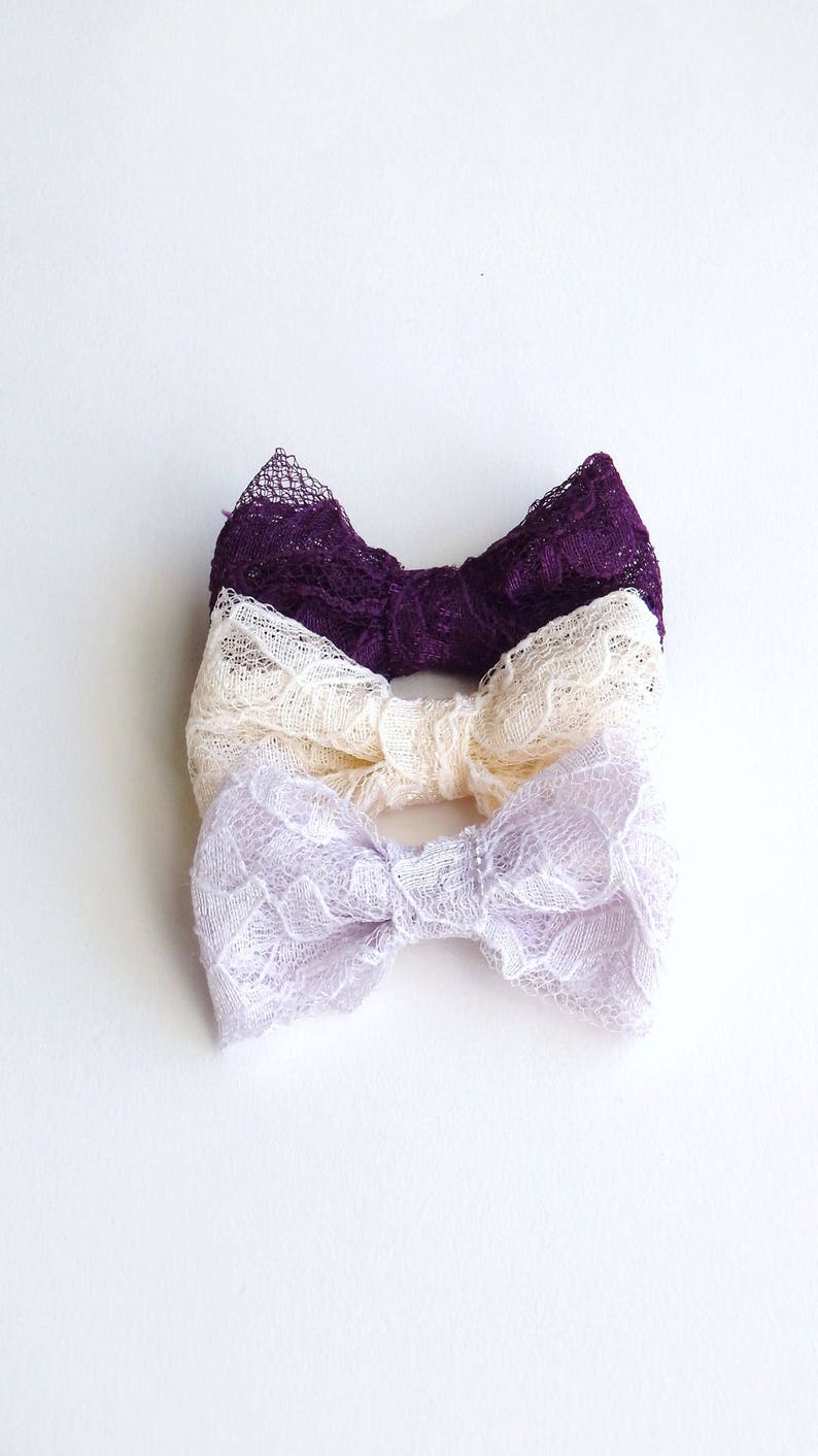 Set of 3 Lavender, Plum Purple and Cream Lace Bow Baby Snap Hair Clips/ Hair Clips / Hair Pins image 3