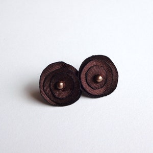 Brown Satin Stud Earrings, Tiny Brown Fabric Earrings, image 1