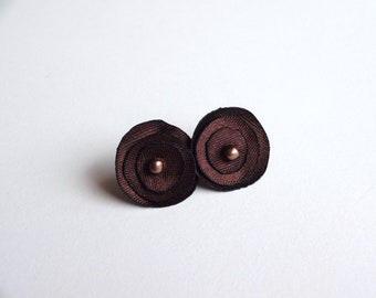 Brown Satin Stud Earrings, Tiny Brown Fabric Earrings,