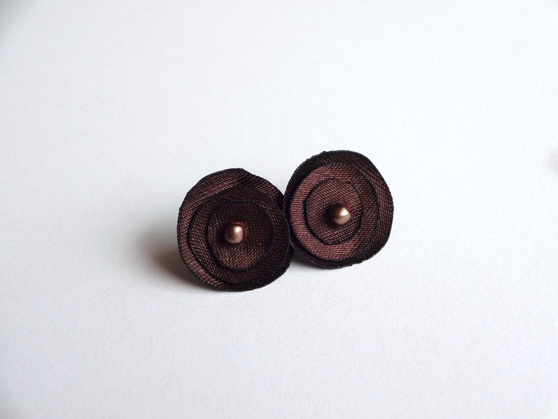 Brown Satin Stud Earrings, Tiny Brown Fabric Earrings, image 1