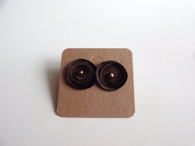 Brown Satin Stud Earrings, Tiny Brown Fabric Earrings, image 2