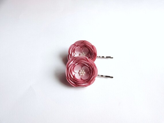 2 Handmade Dusty Pink Satin Rose Hair Pins, Shoe Clips, Baby  display picture 1