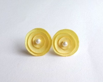Yellow Satin Stud Earrings, Tiny Yellow Fabric Earrings,