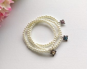 SALE Handmade Ivory Pearl Stretch Bracelet with Cat Charm, Woman Bracelet, Girl Bracelet, Gift Bracelet