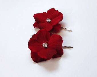 Red Velvet Hydrangea Flowers Hair Pins, Girl Hair Clips, Baby Snap Clips, Shoe Clips