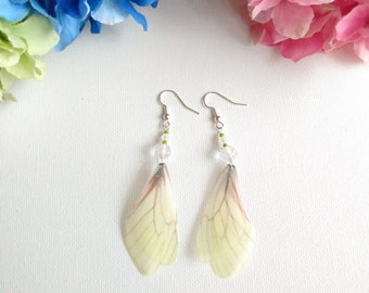 Handmade Pale Yellow Dragonfly Wings Dangle Earrings, Woman Earrings with Crystal Beads, Girl Earrings, Teen Earrings,