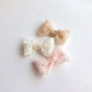 Set of 3 Pink, Ivory and Champagne Lace Bow Baby Snap Hair Clips/ Hair Clips / Hair Pins image 3