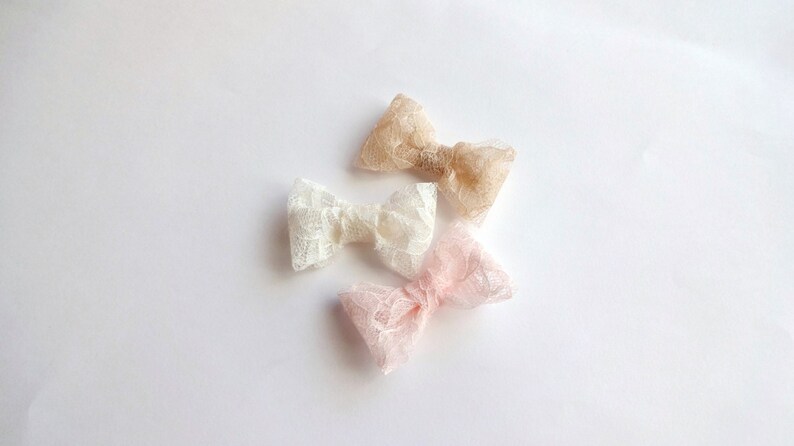 Set of 3 Pink, Ivory and Champagne Lace Bow Baby Snap Hair Clips/ Hair Clips / Hair Pins image 3