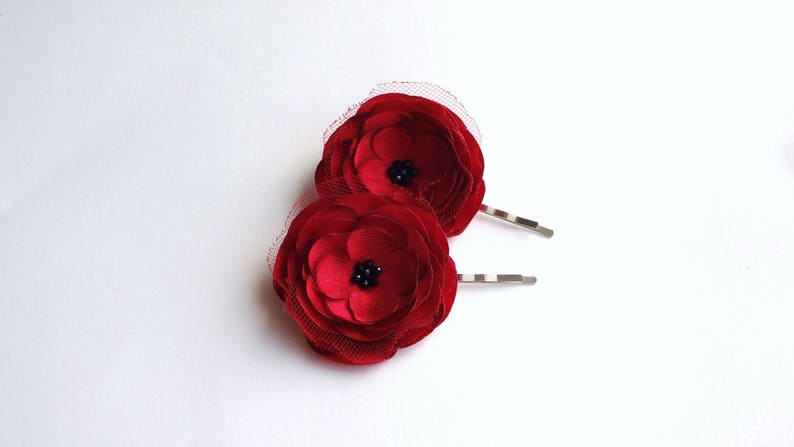 2 Red Rose Satin Handmade Hair Pins, Shoe Clips, Baby Snap Clips image 7