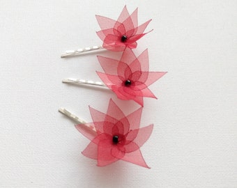 3 Red Stars Organza Fabric Flowers Hair Pins