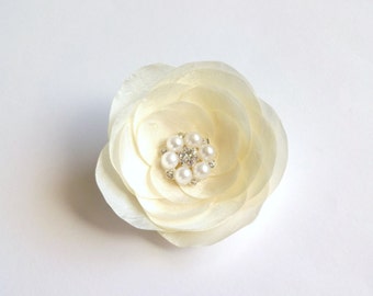 Large Bridal Ivory Fabric Flower Hair Pin, Girl Hair Clip, Baby Snap Clip