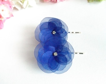 2 Cobalt Blue Organza Flowers Hair Pins
