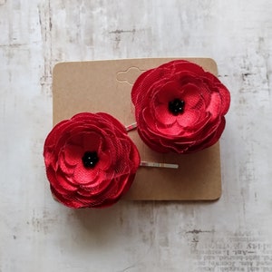 2 Red Rose Satin Handmade Hair Pins, Shoe Clips, Baby Snap Clips image 8