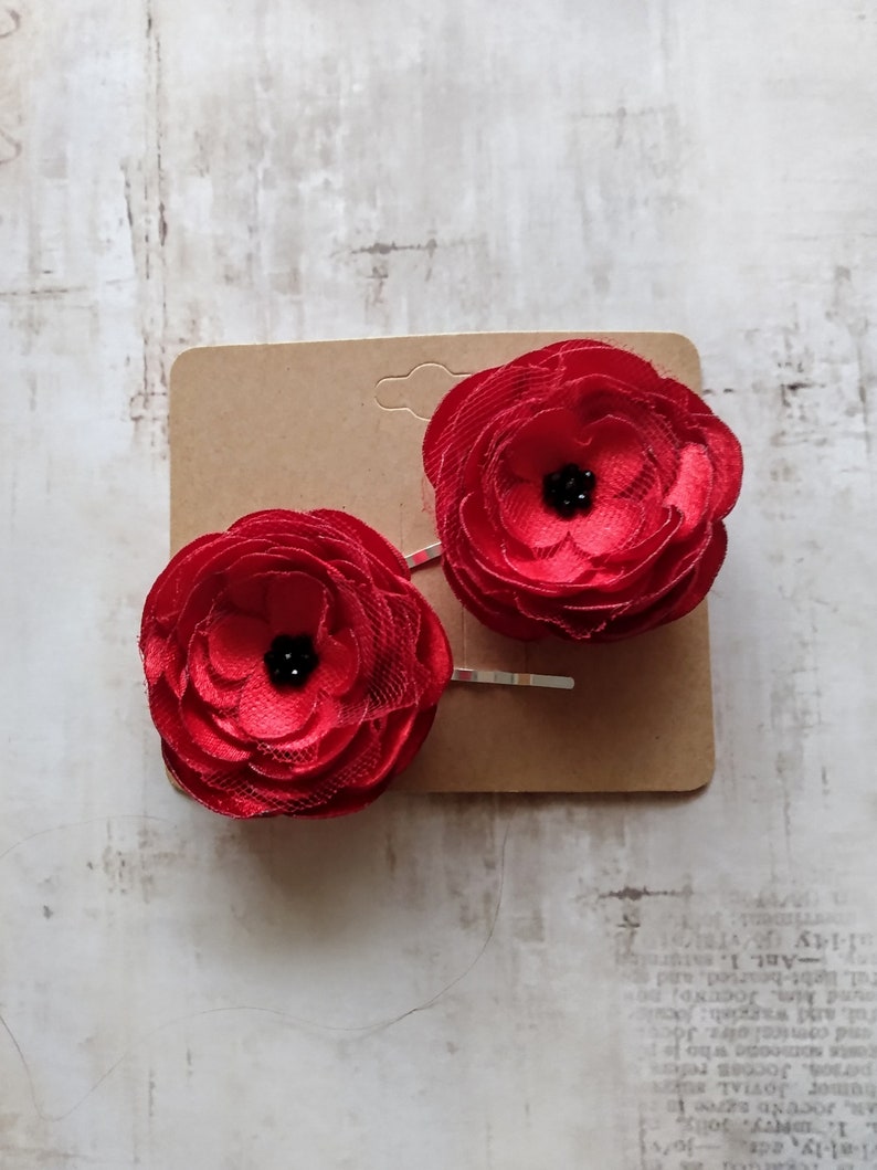 2 Red Rose Satin Handmade Hair Pins, Shoe Clips, Baby Snap Clips image 8