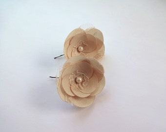 Champagne Fabric Flowers Hair Pins with Lace or Shoe Clips