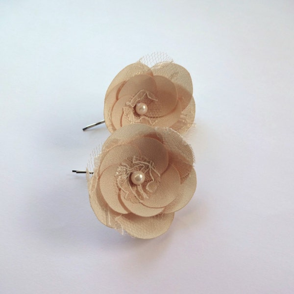 Champagne Fabric Flowers Hair Pins with Lace or Shoe Clips