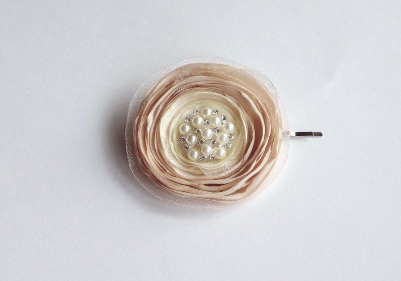 Baby Snap Clip Bridal Champagne and Ivory Silk Flower Hair Pin Brooch Girl Hair Clip