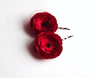 2 Red Rose Satin Handmade Hair Pins, Shoe Clips, Baby Snap Clips