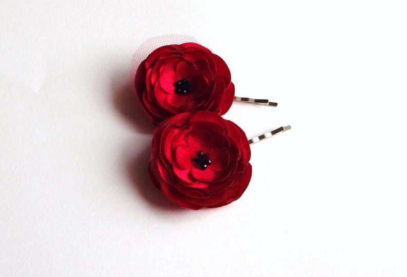 2 Red Rose Satin Handmade Hair Pins, Shoe Clips, Baby Snap Clips image 1