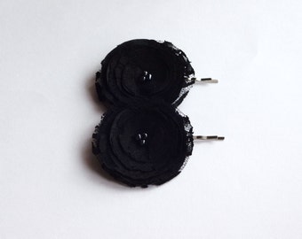 Black Fabric Poppies  with Lace Hair Pins,Shoe Clips, Hair Clips, Baby Snap Clips
